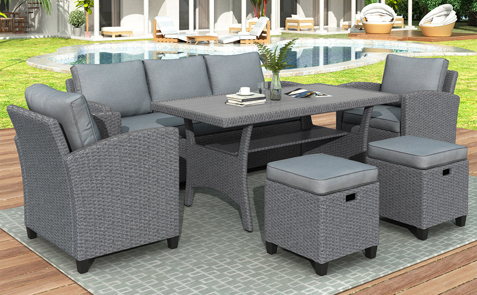 6-piece outdoor rattan wicker set chair, stool, and table (gray rattan+gray mat)