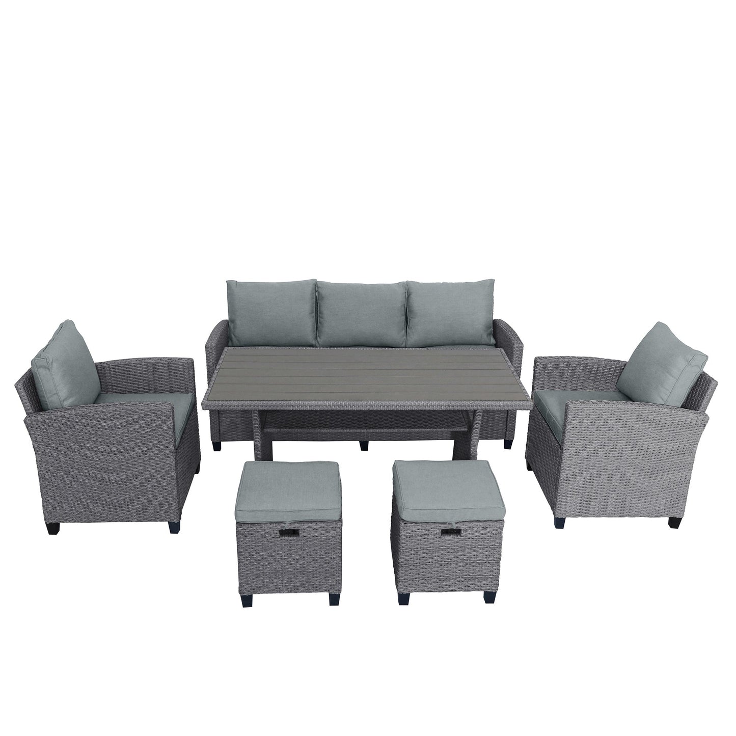 6-piece outdoor rattan wicker set chair, stool, and table (gray rattan+gray mat)