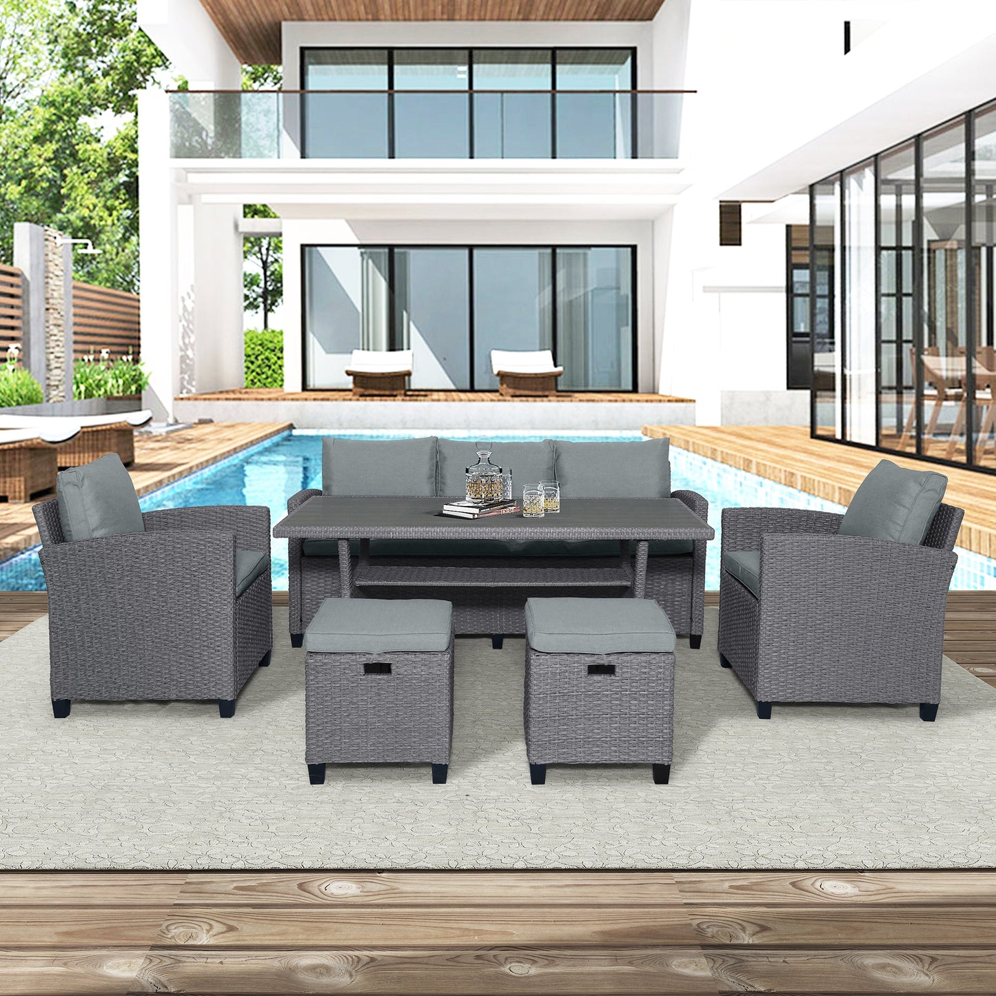6-piece outdoor rattan wicker set chair, stool, and table (gray rattan+gray mat)