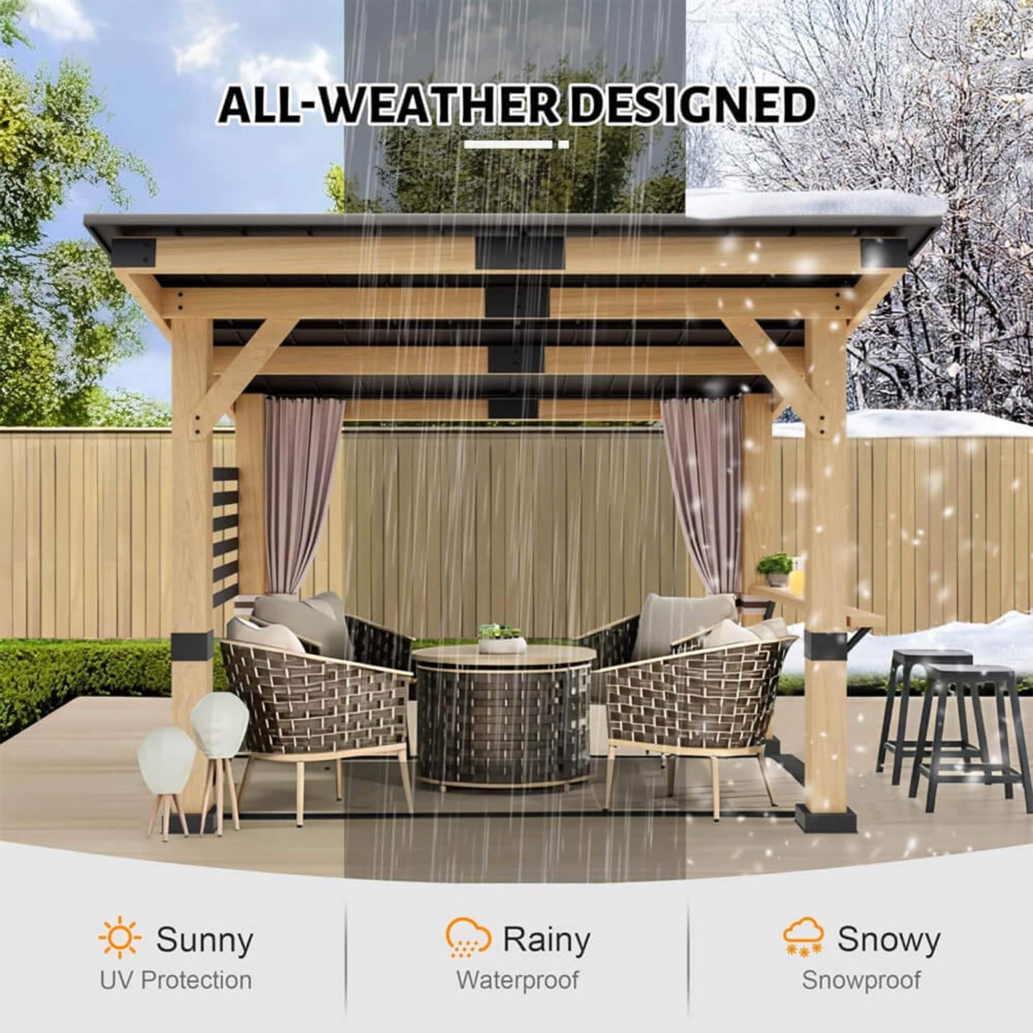 [10X12FT] Alora Heavy-Duty Premium Outdoor All-Season Wooden Cedar Hardtop Gazebo With Metal Roof & Back Curtains