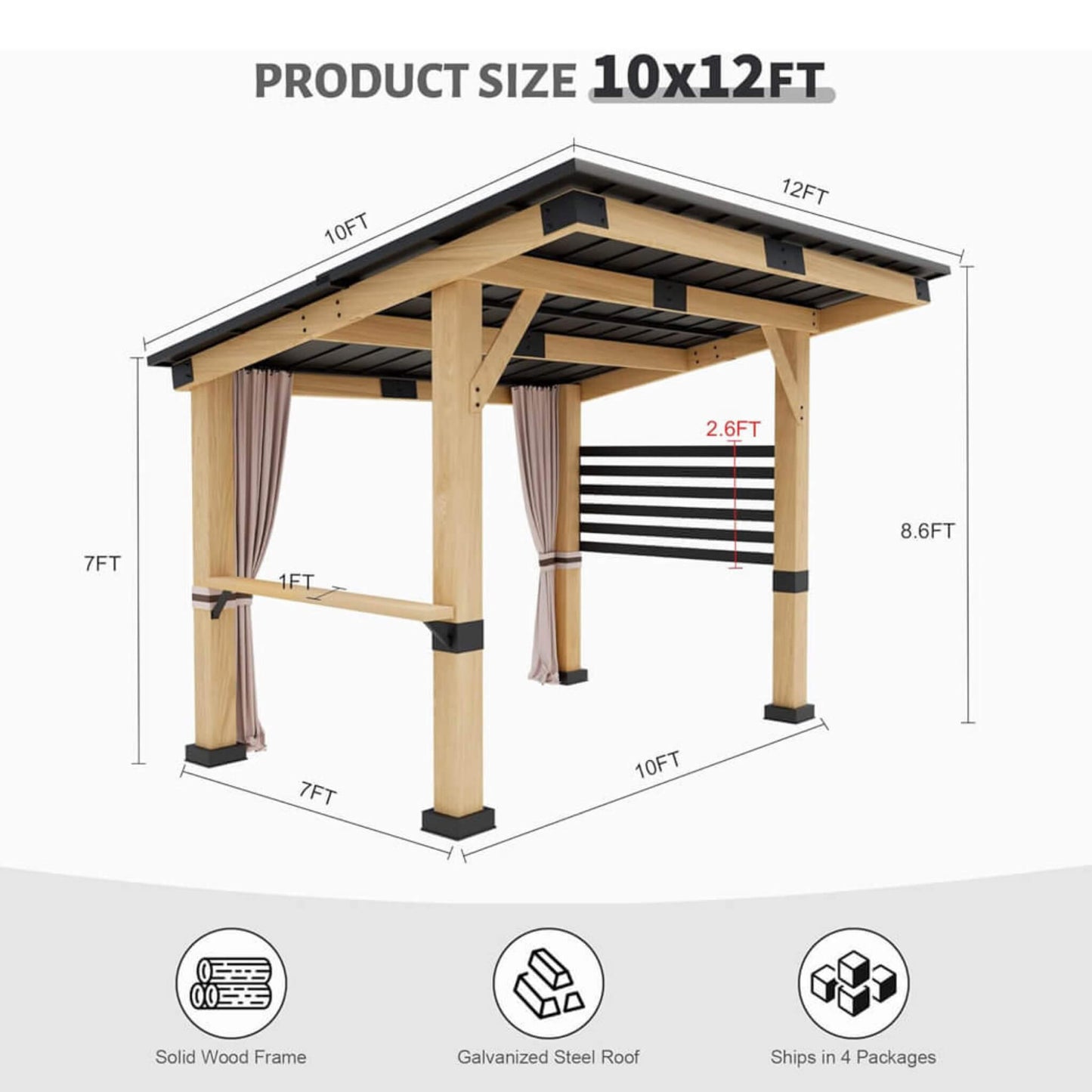 [10X12FT] Alora Heavy-Duty Premium Outdoor All-Season Wooden Cedar Hardtop Gazebo With Metal Roof & Back Curtains