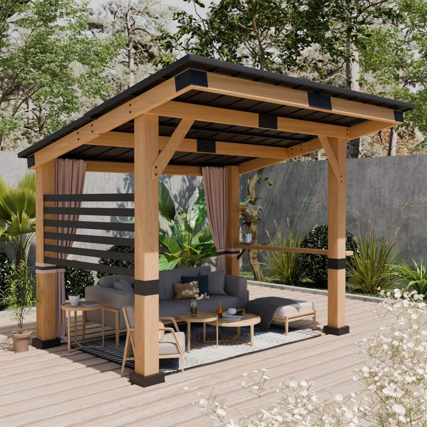 [10X12FT] Alora Heavy-Duty Premium Outdoor All-Season Wooden Cedar Hardtop Gazebo With Metal Roof & Back Curtains