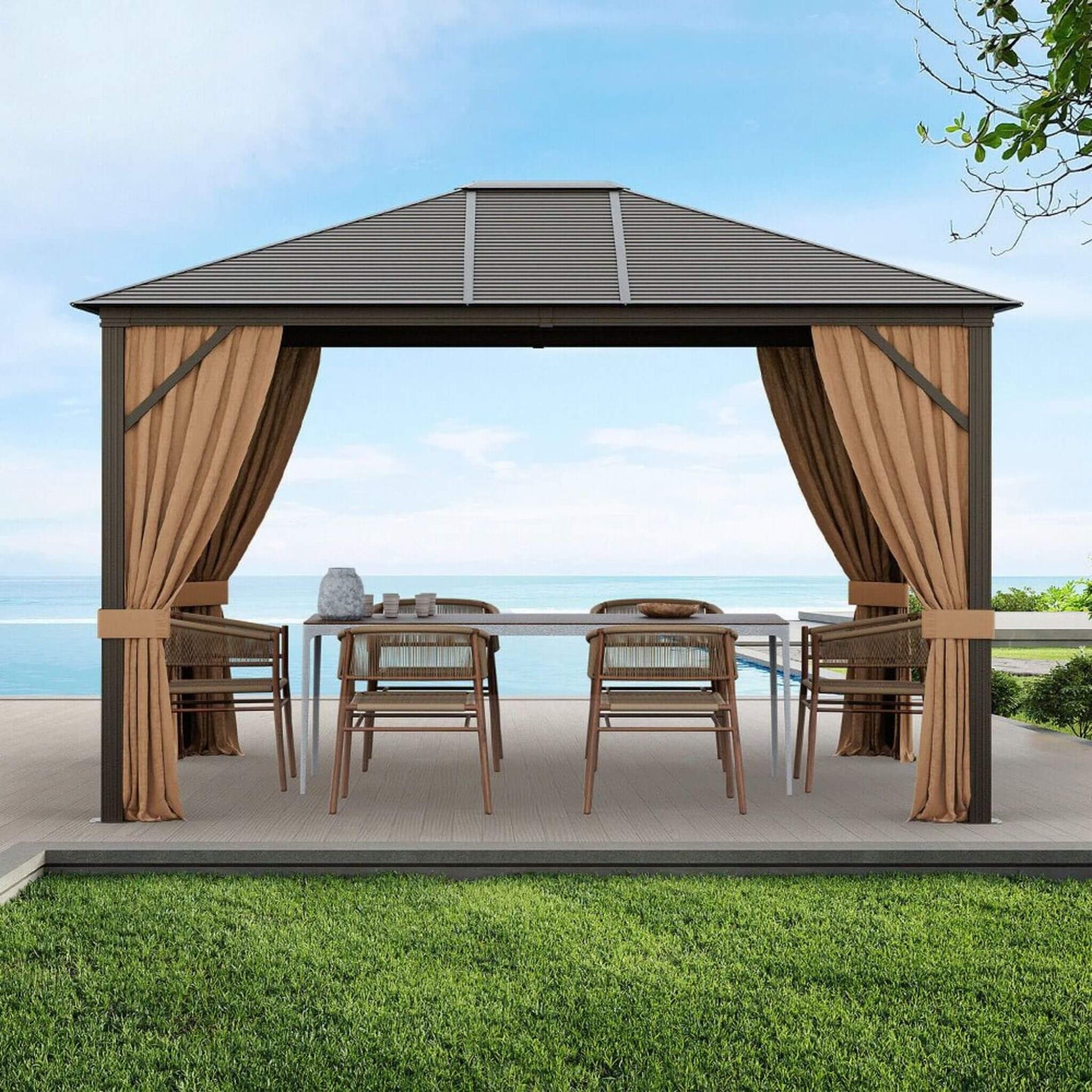 [10X12FT] Alora Premium Outdoor Hardtop Patio Gazebo W/ Galvanized Steel Top & Aluminum Frame