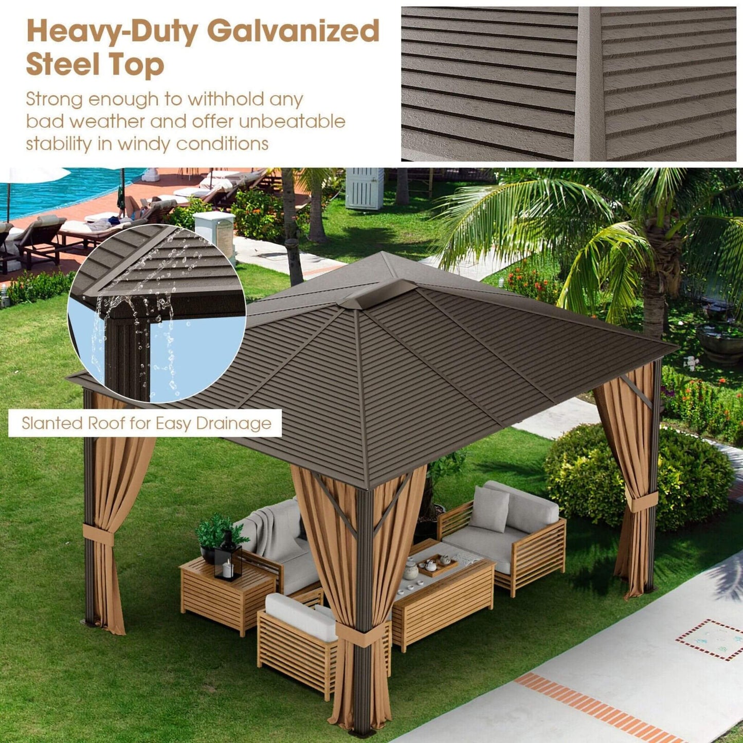 [10X12FT] Alora Premium Outdoor Hardtop Patio Gazebo W/ Galvanized Steel Top & Aluminum Frame