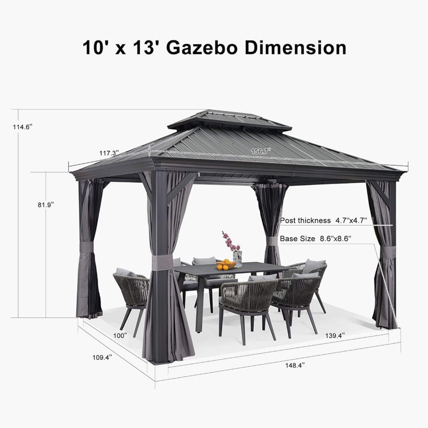 [10X13FT] Alora Large Premium Outdoor Hardtop Aluminum Gazebo With Galvanized Steel Double Roof