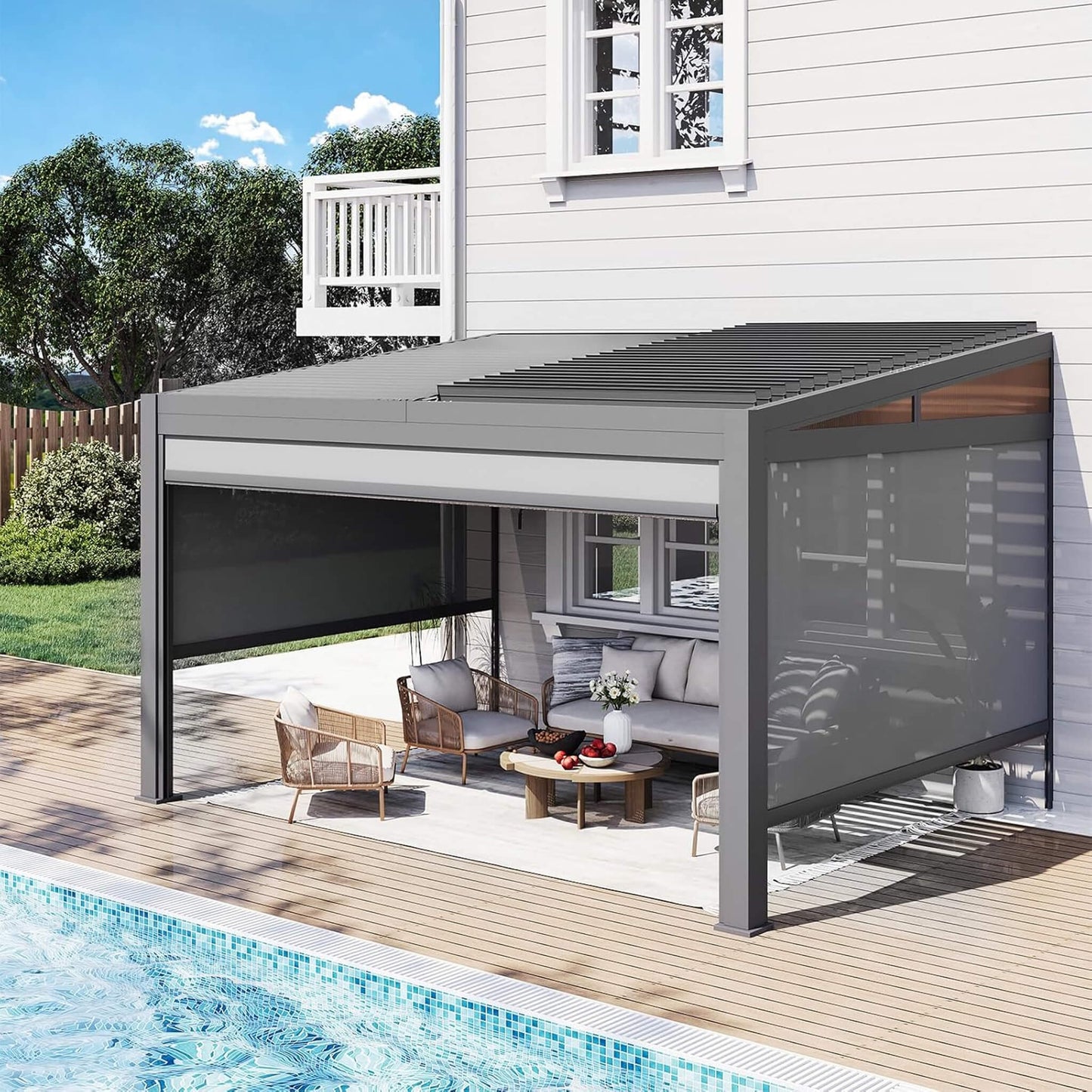 Alora Luxury Wall-Mounted Aluminum Louvered Pergola With Pull-Down Screens
