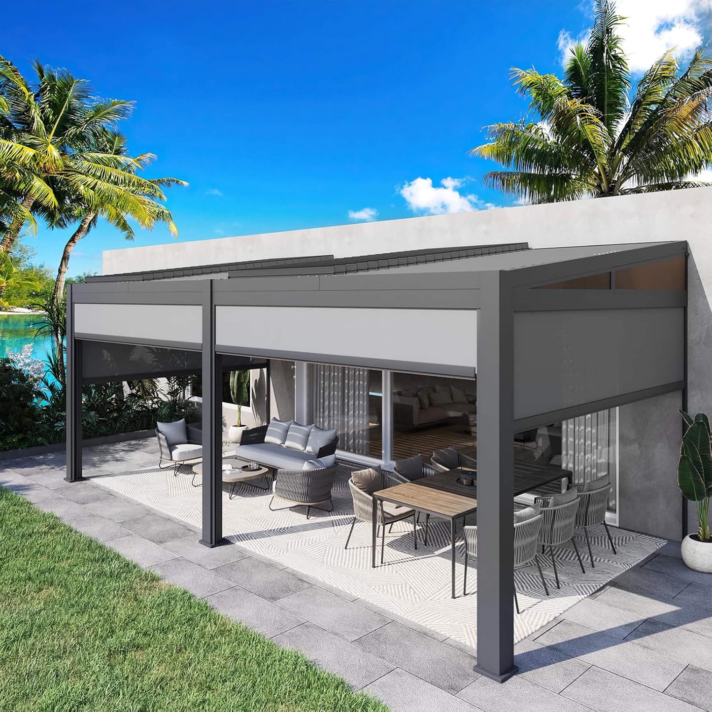 Alora Luxury Wall-Mounted Aluminum Louvered Pergola With Pull-Down Screens