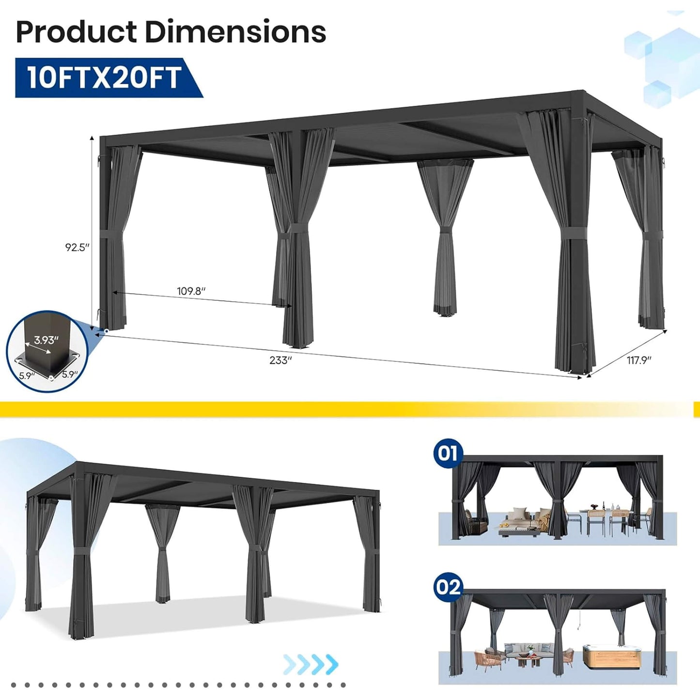 [10X20FT] Alora Premium Louvered Pergola With Curtains And Netting