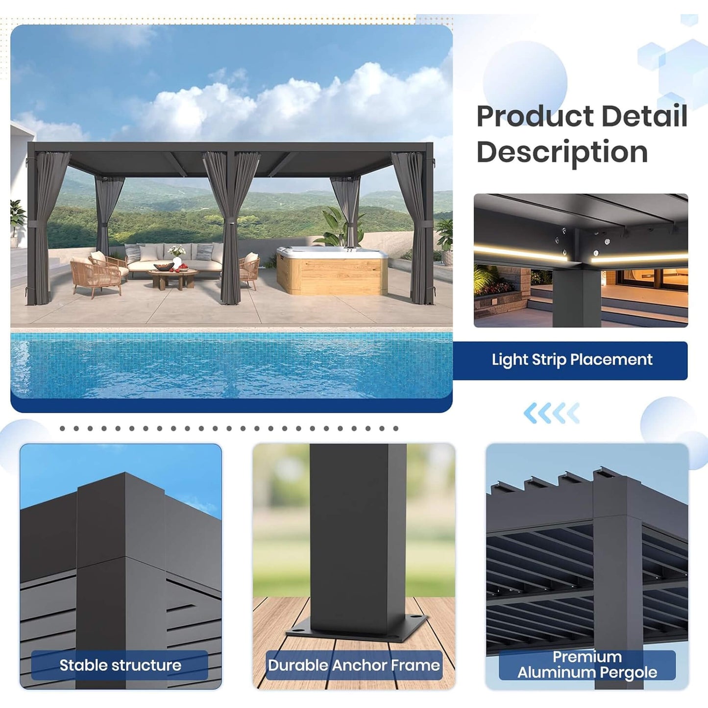 [10X20FT] Alora Premium Louvered Pergola With Curtains And Netting