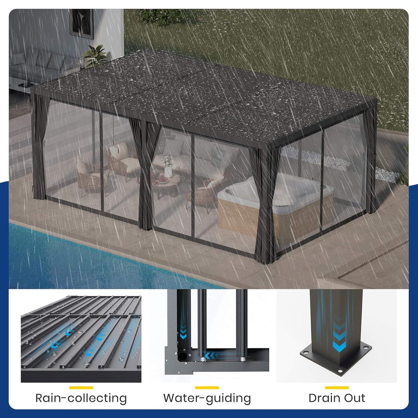[10X20FT] Alora Premium Louvered Pergola With Curtains And Netting