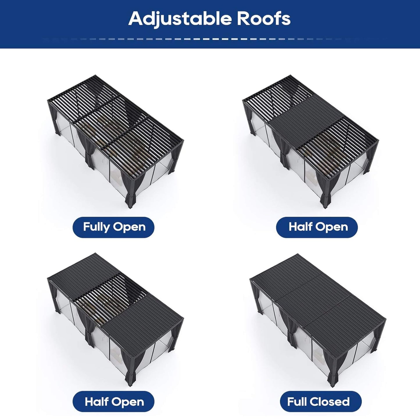 [10X20FT] Alora Premium Louvered Pergola With Curtains And Netting