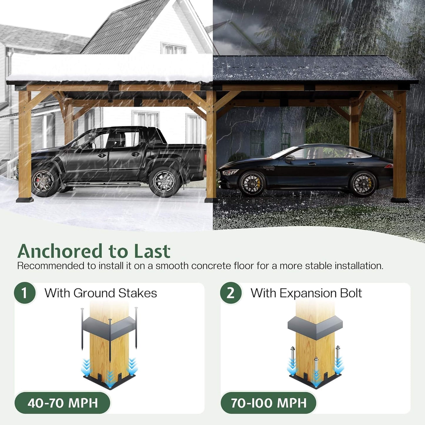 [12X24FT] Alora Large Heavy-Duty Outdoor Cedar Wood Hardtop Carport With Galvanized Steel Roof