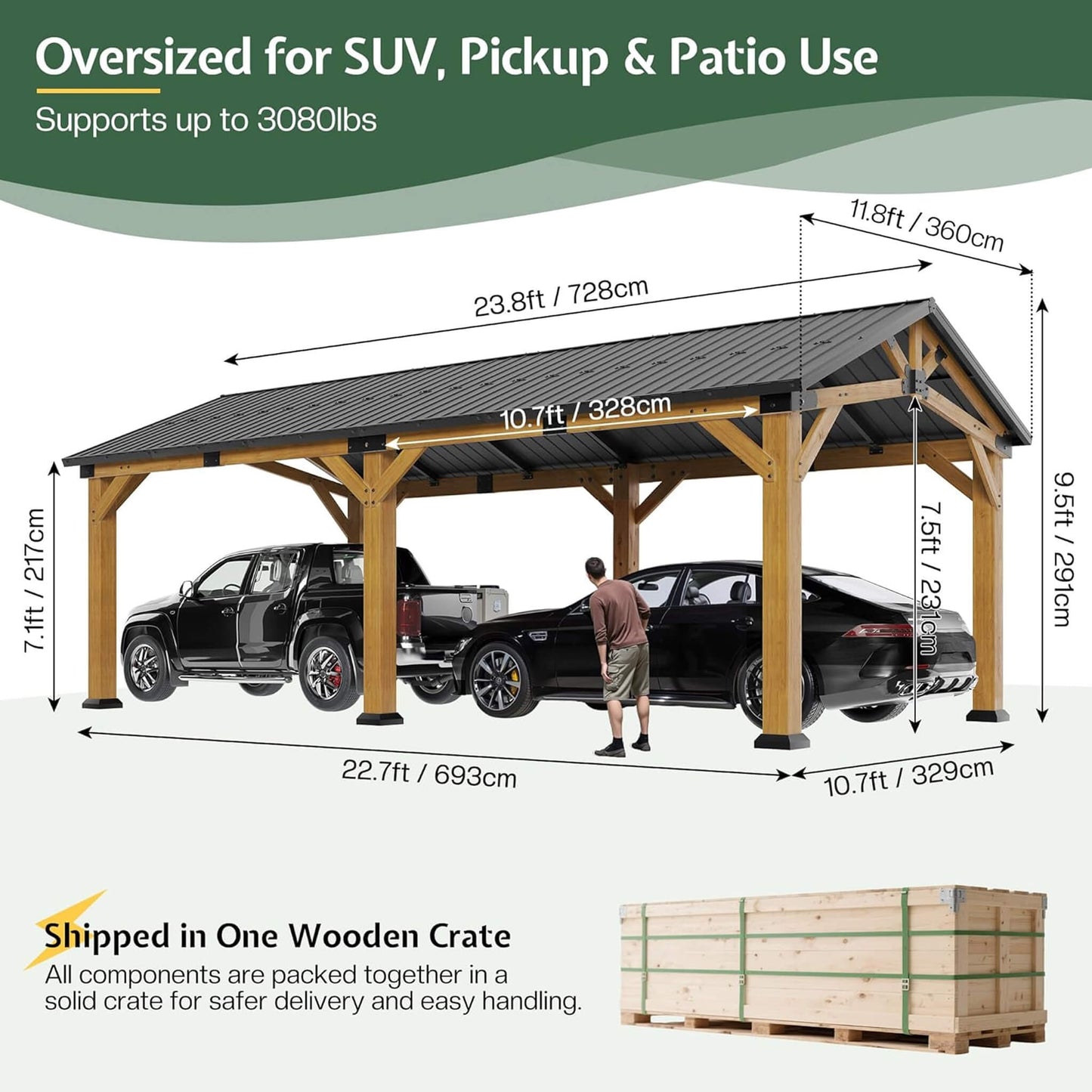 [12X24FT] Alora Large Heavy-Duty Outdoor Cedar Wood Hardtop Carport With Galvanized Steel Roof
