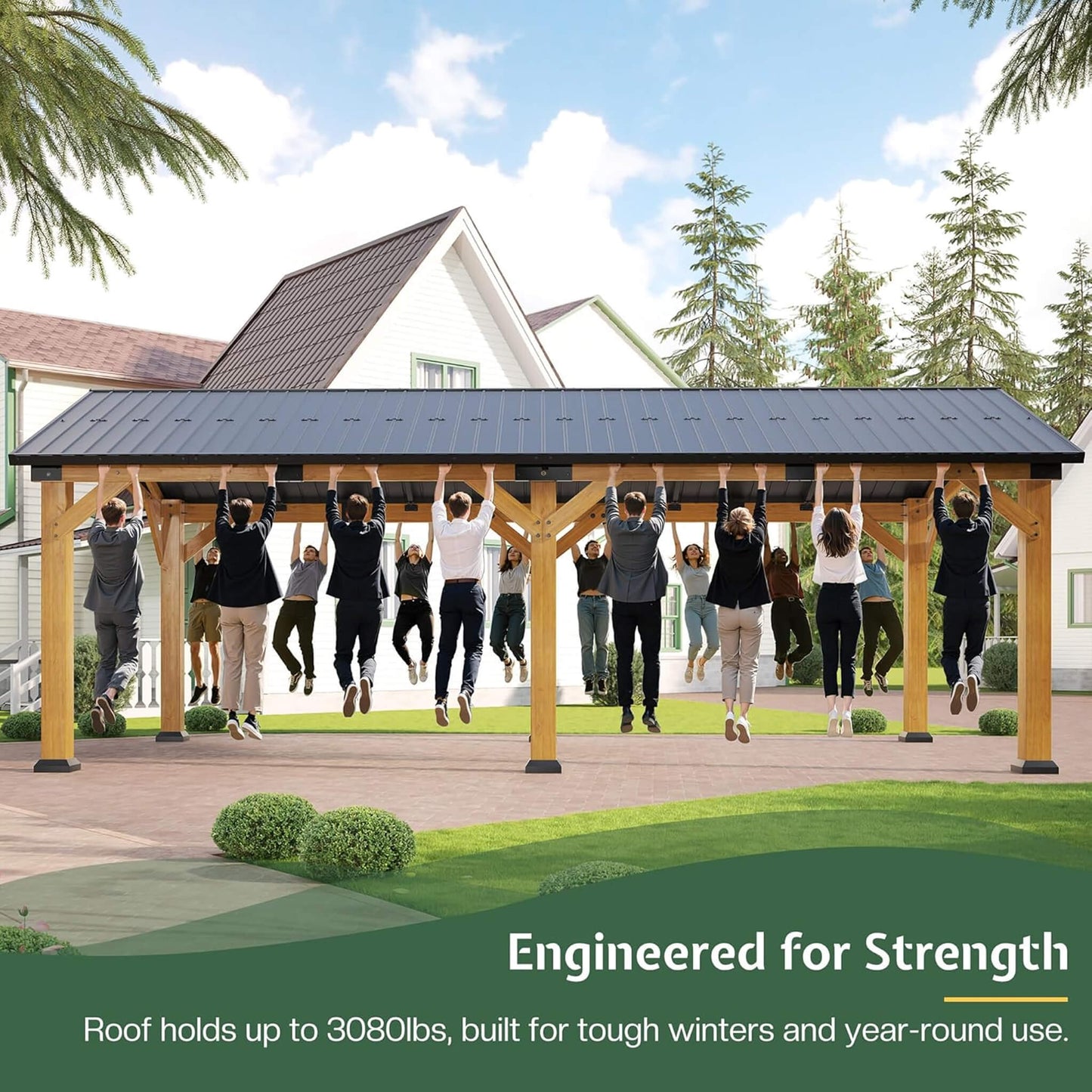 [12X24FT] Alora Large Heavy-Duty Outdoor Cedar Wood Hardtop Carport With Galvanized Steel Roof