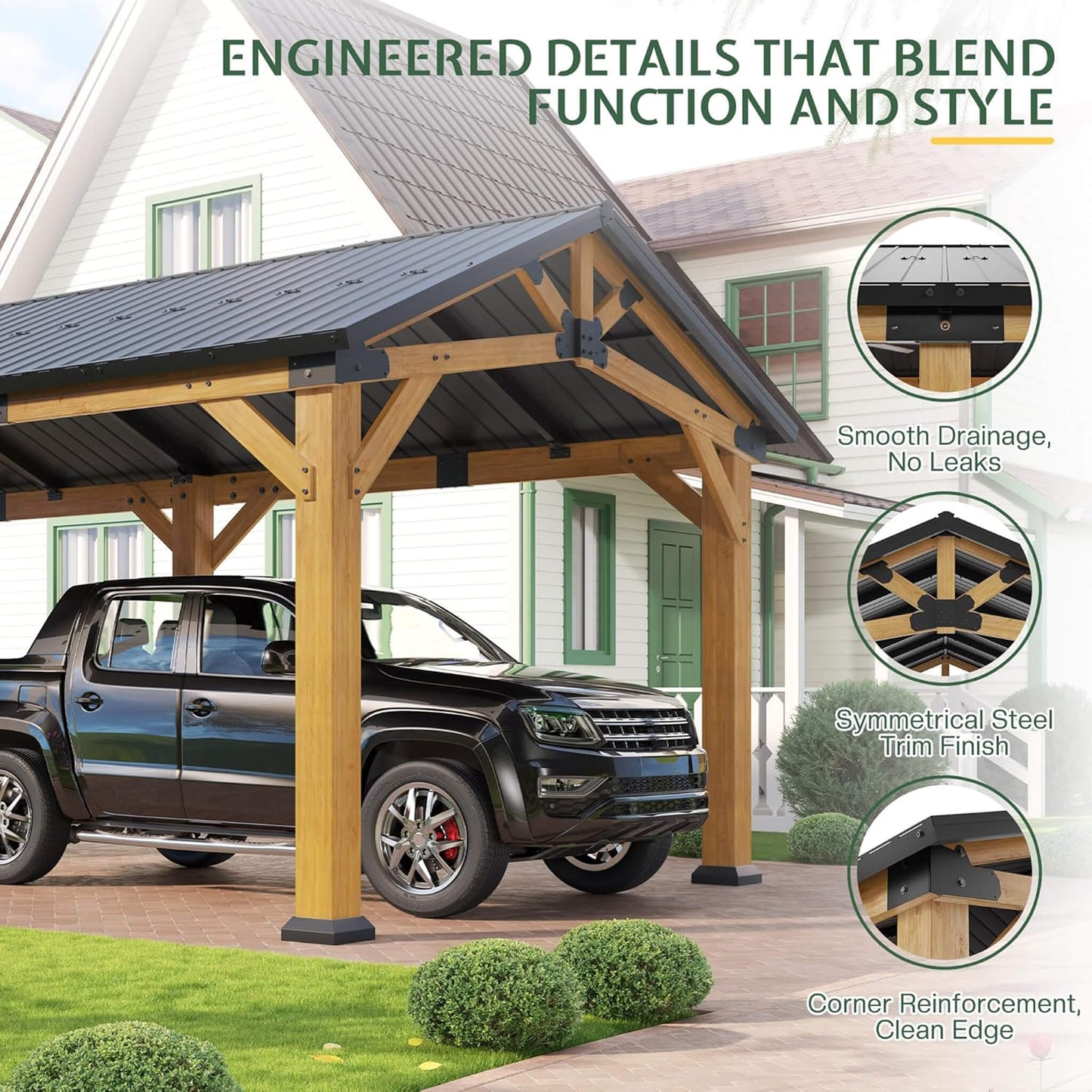 [12X24FT] Alora Large Heavy-Duty Outdoor Cedar Wood Hardtop Carport With Galvanized Steel Roof