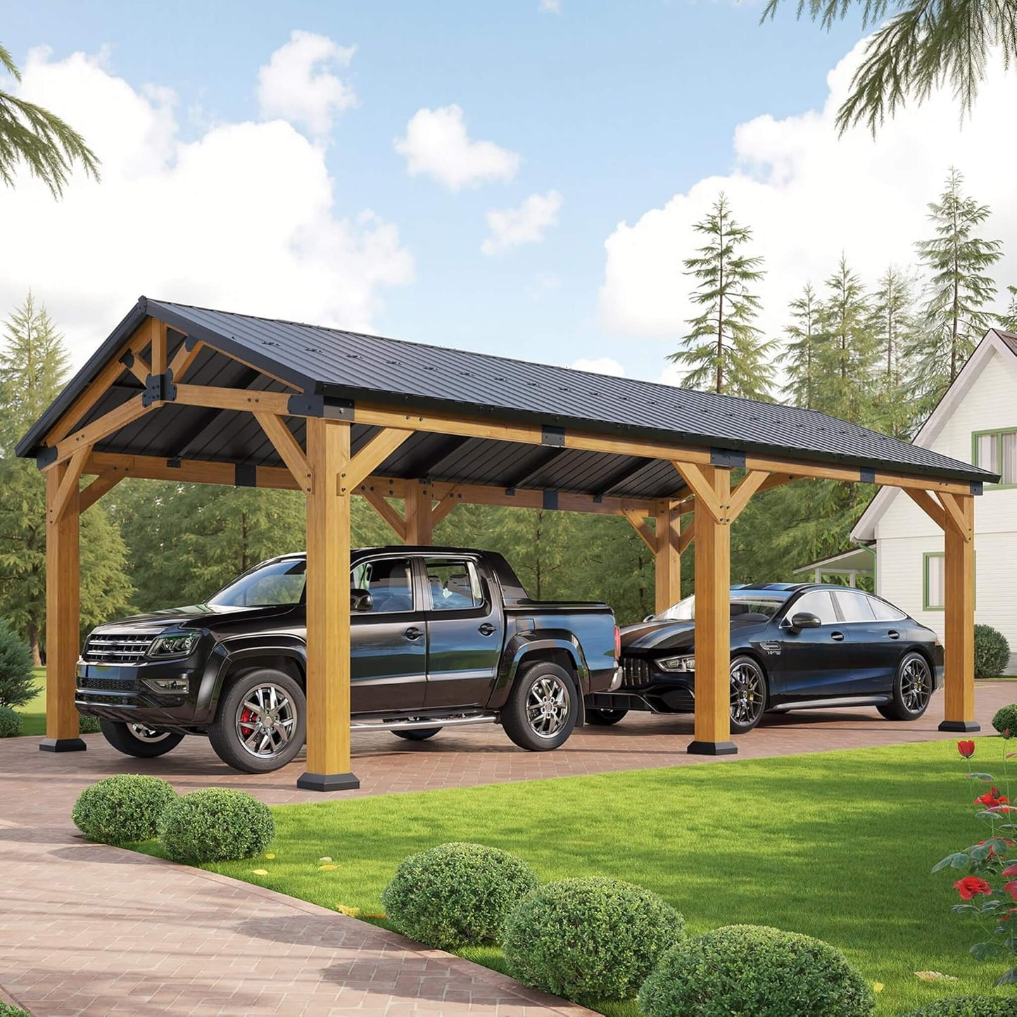 [12X24FT] Alora Large Heavy-Duty Outdoor Cedar Wood Hardtop Carport With Galvanized Steel Roof