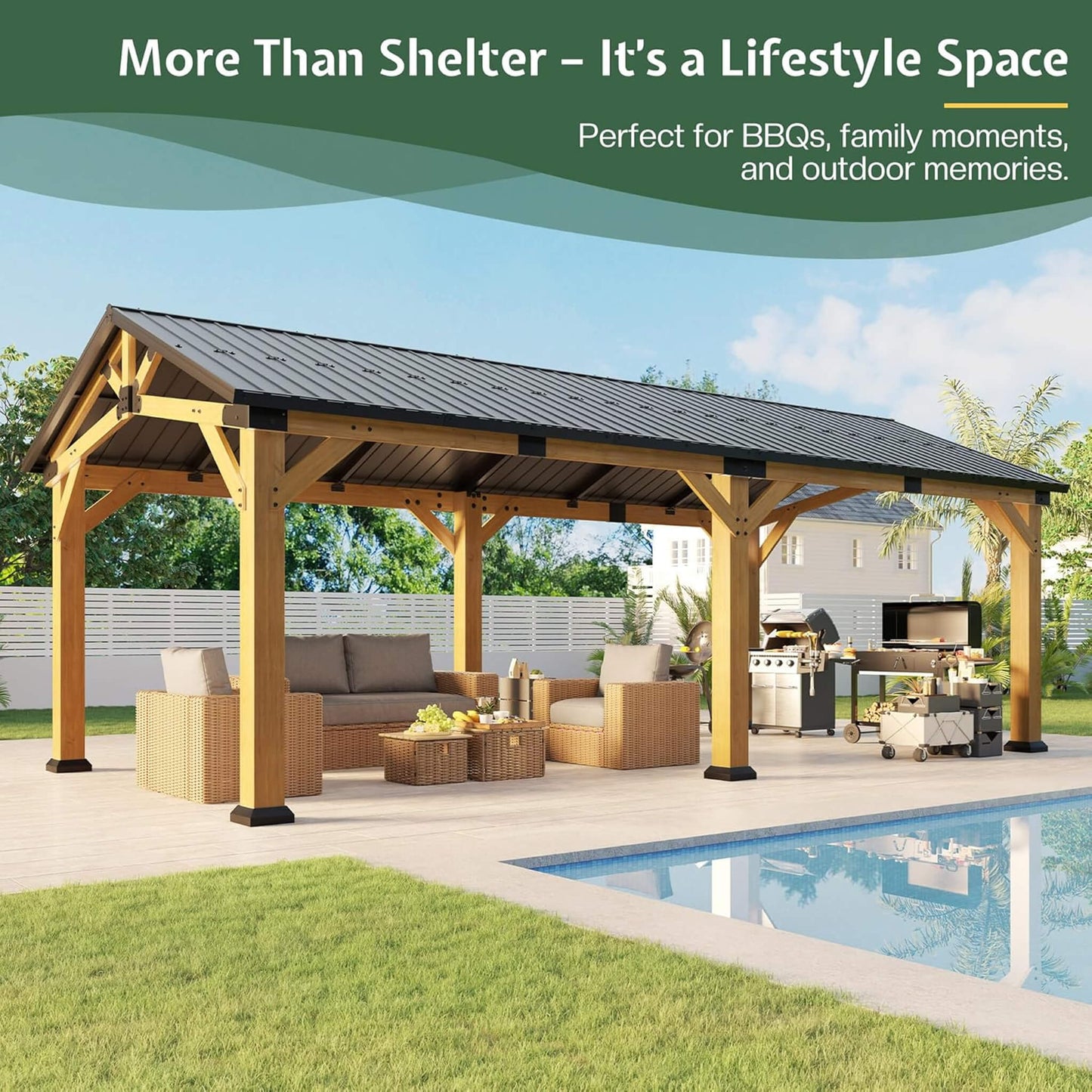 [12X24FT] Alora Large Heavy-Duty Outdoor Cedar Wood Hardtop Carport With Galvanized Steel Roof