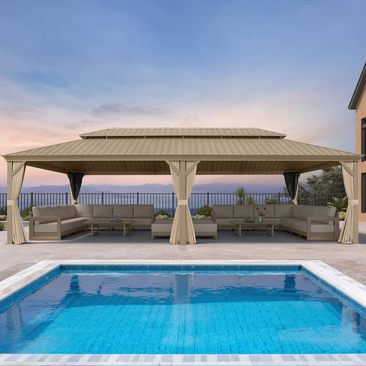 [14X28FT] Alora Extra-Large Hardtop Gazebo With Galvanized Steel Double Roof, Curtains And Netting