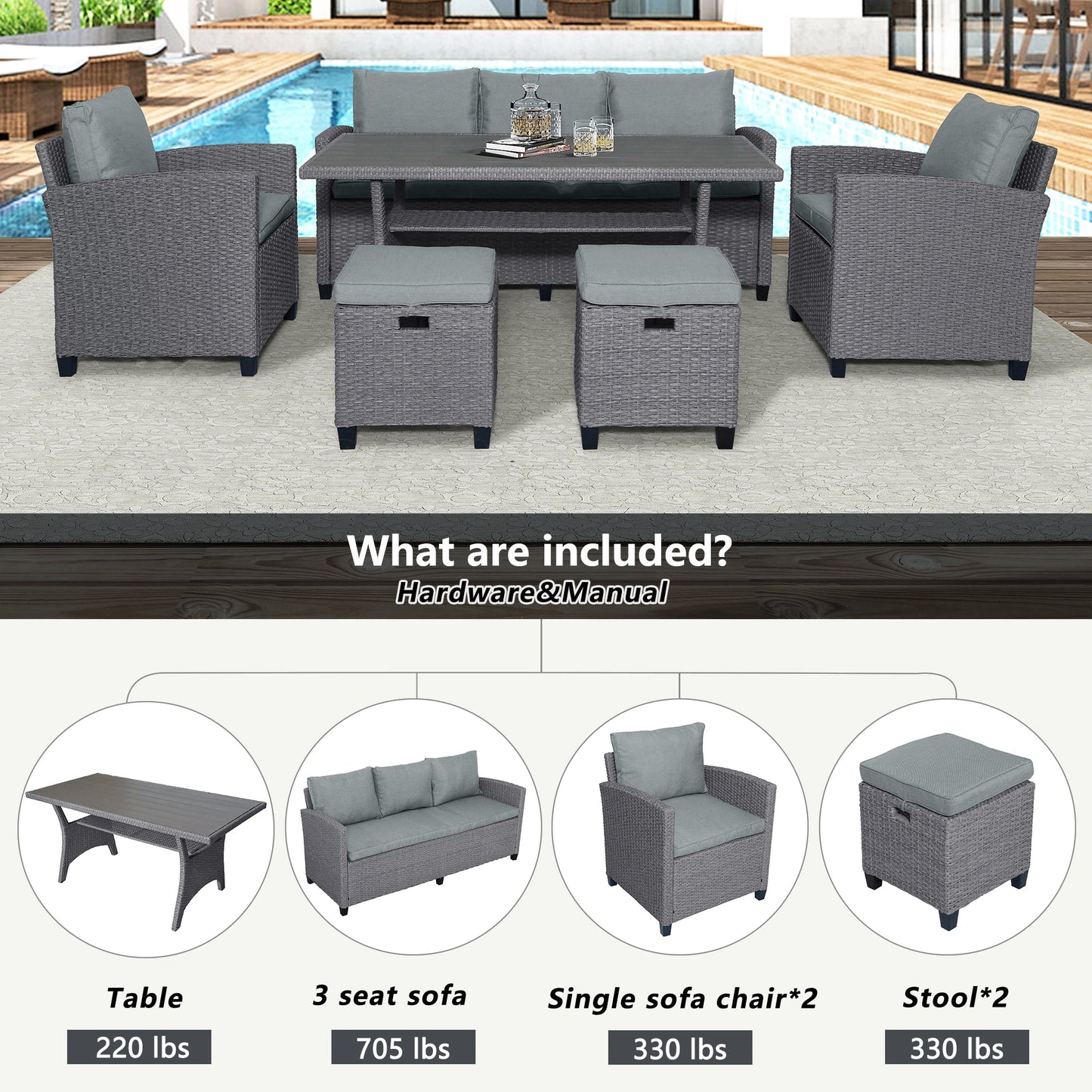6-piece outdoor rattan wicker set chair, stool, and table (gray rattan+gray mat)