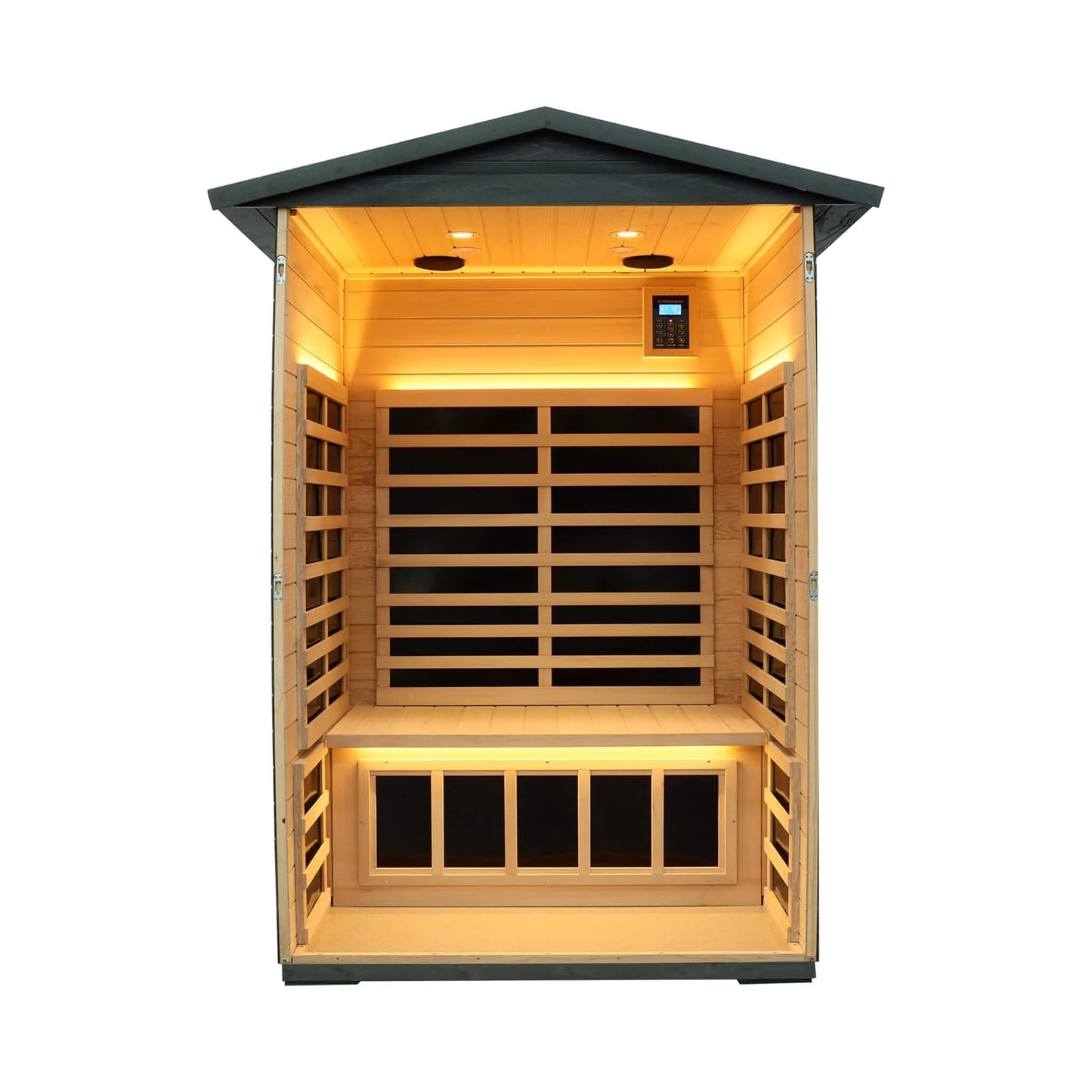Thermora Riva Premium 2-Person Black Carbonized Walnut Low EMF Far Infrared Outdoor Sauna With Bluetooth Audio And LED Lighting
