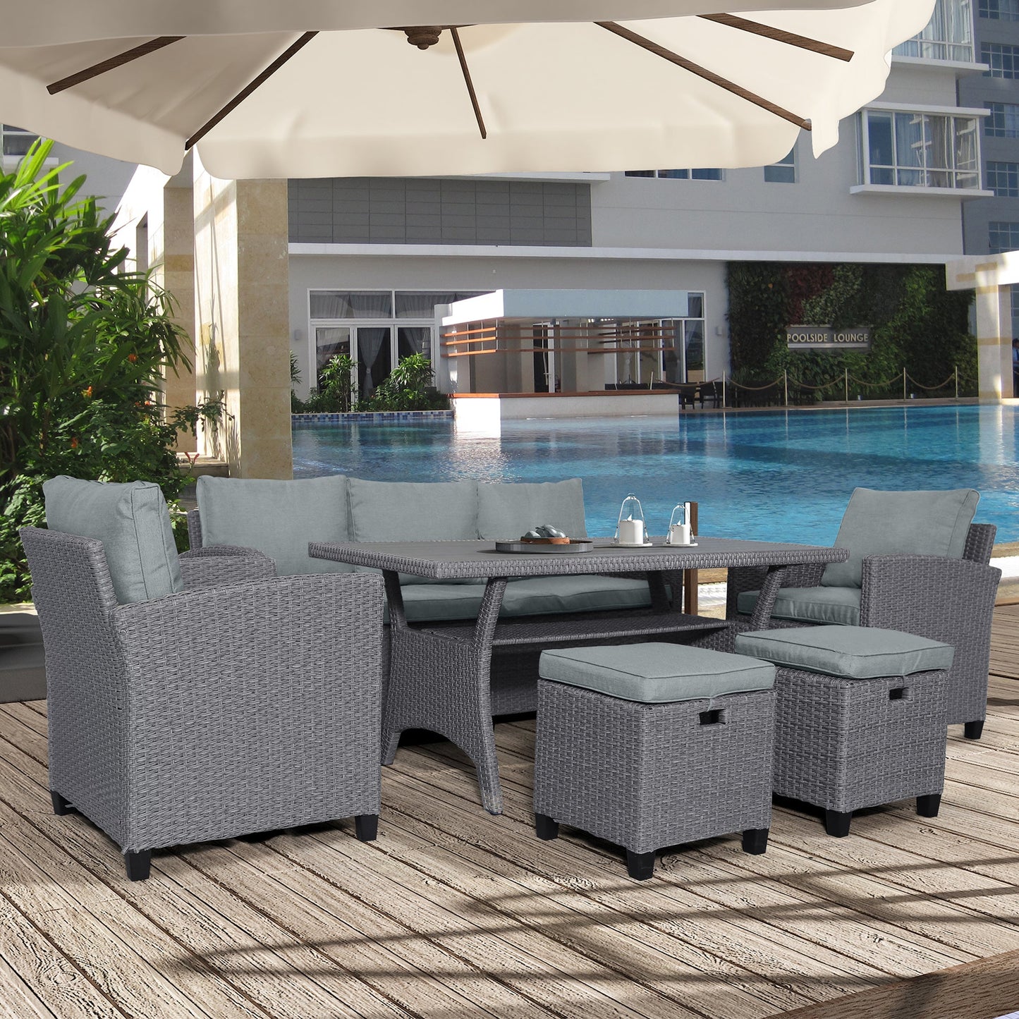 6-piece outdoor rattan wicker set chair, stool, and table (gray rattan+gray mat)