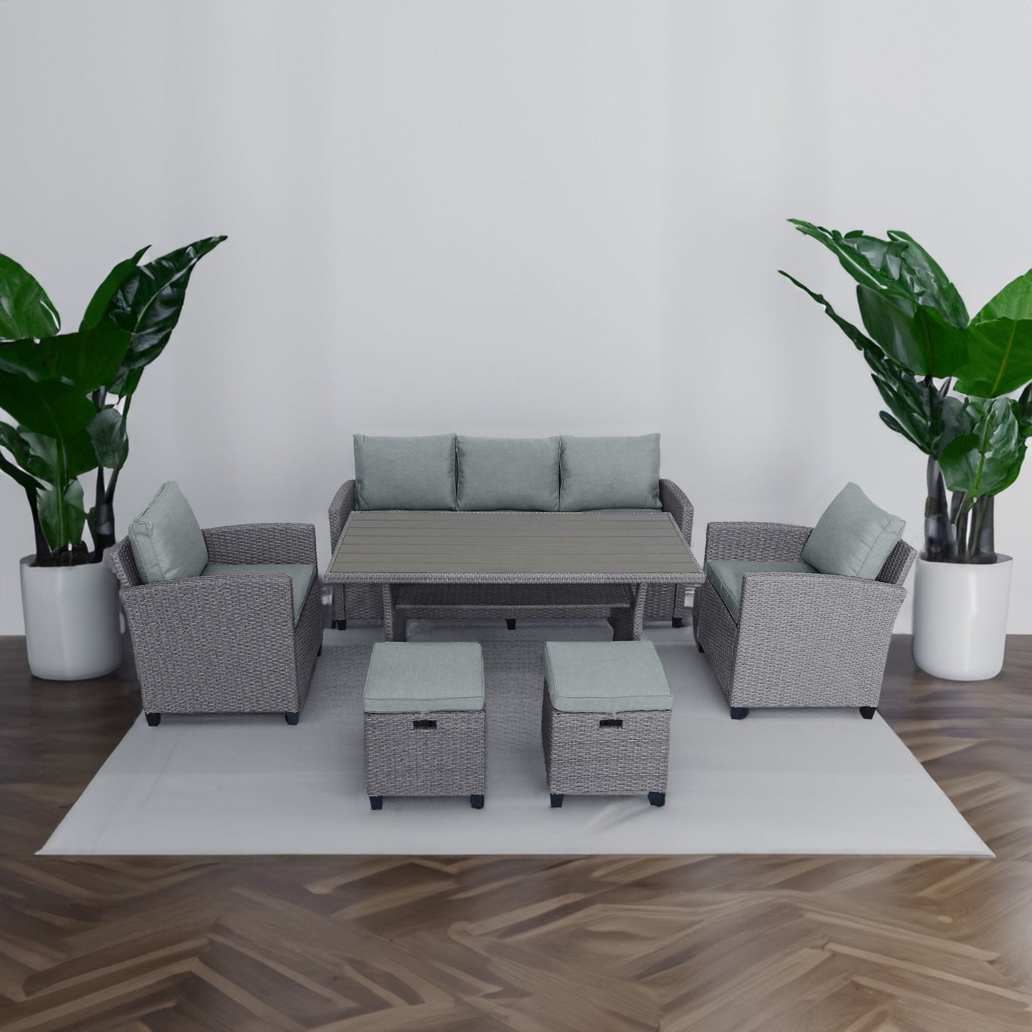 6-piece outdoor rattan wicker set chair, stool, and table (gray rattan+gray mat)