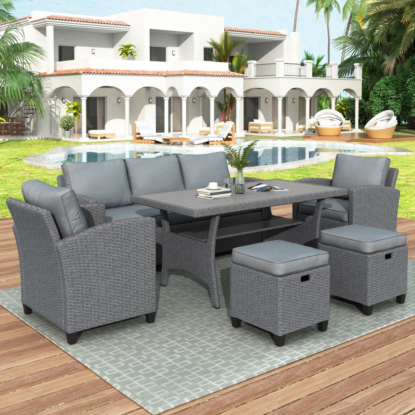 6-piece outdoor rattan wicker set chair, stool, and table (gray rattan+gray mat)