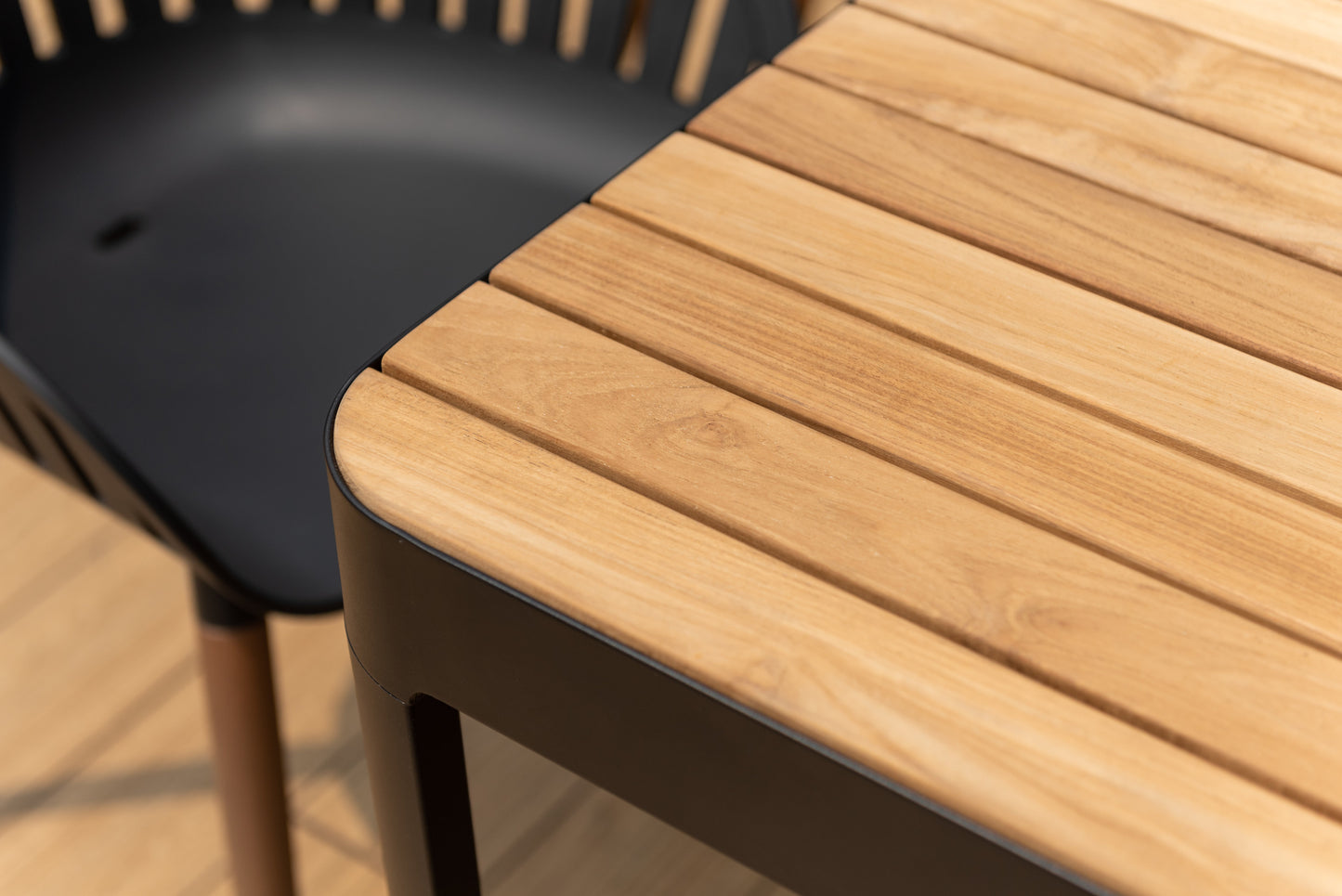 Portals Dark Rectangular Teak Table and 8 Nassau Black Dining Set
