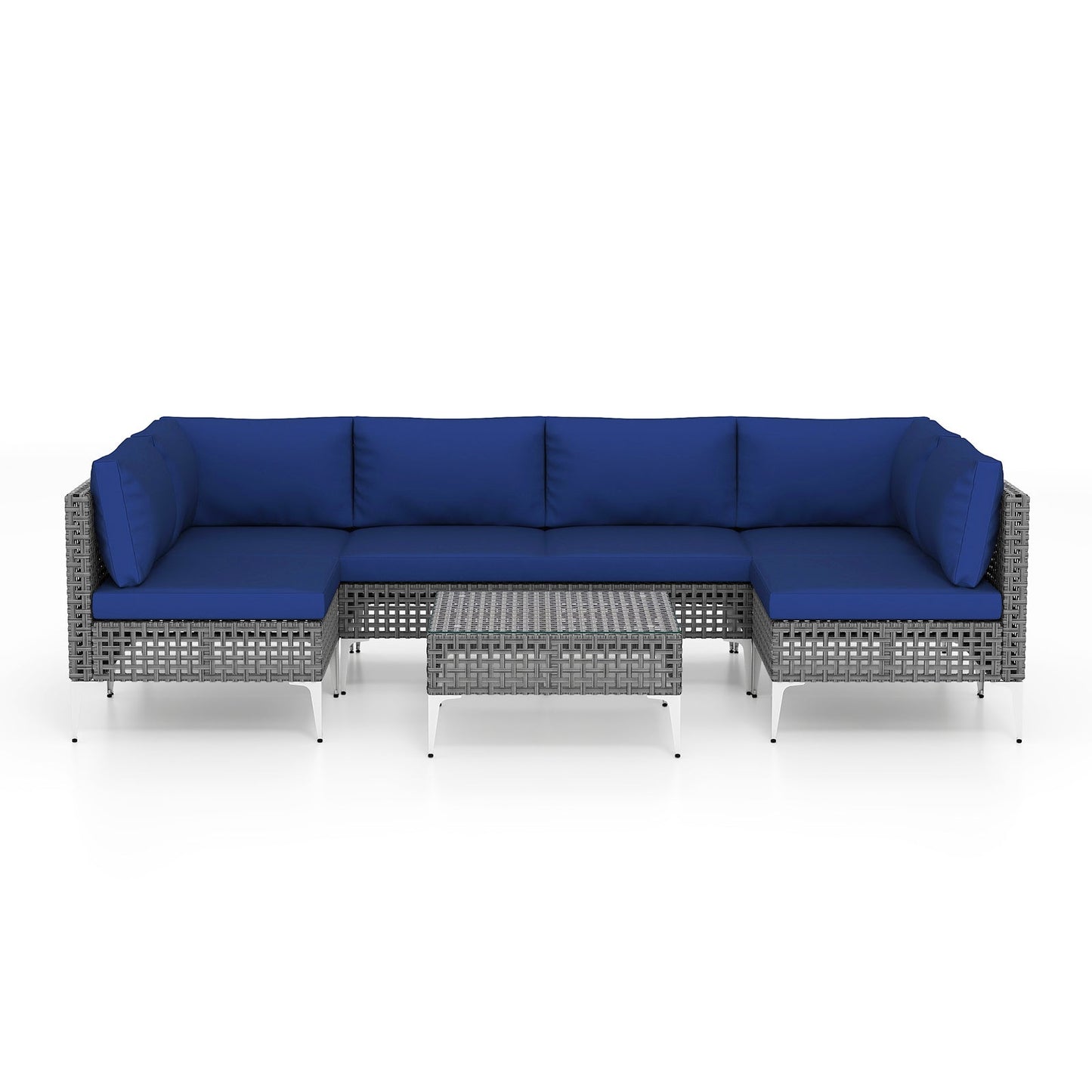 7 Piece Outdoor Furniture Set Wicker Chairs with Tempered Glass Coffee Table-Navy