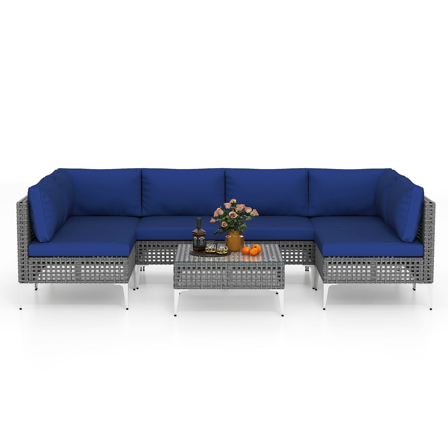 7 Piece Outdoor Furniture Set Wicker Chairs with Tempered Glass Coffee Table-Navy