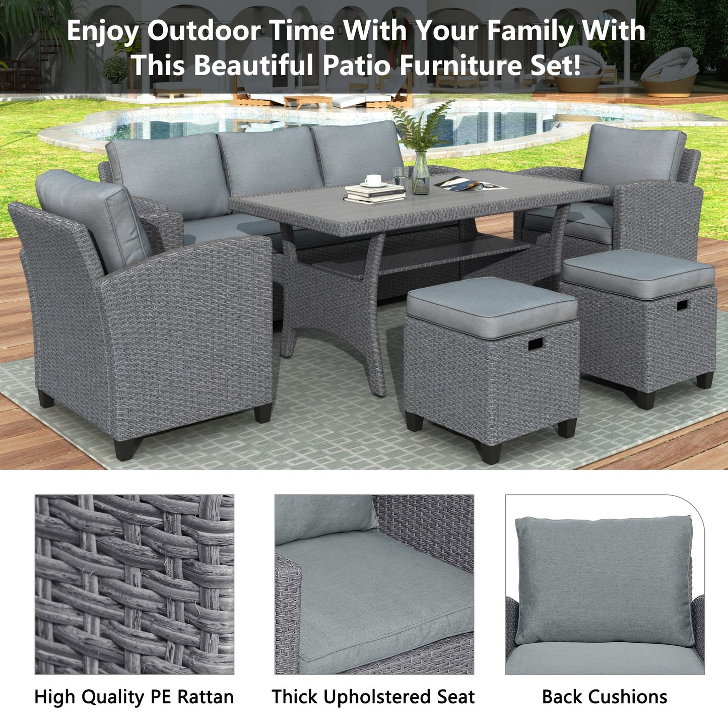 6-piece outdoor rattan wicker set chair, stool, and table (gray rattan+gray mat)