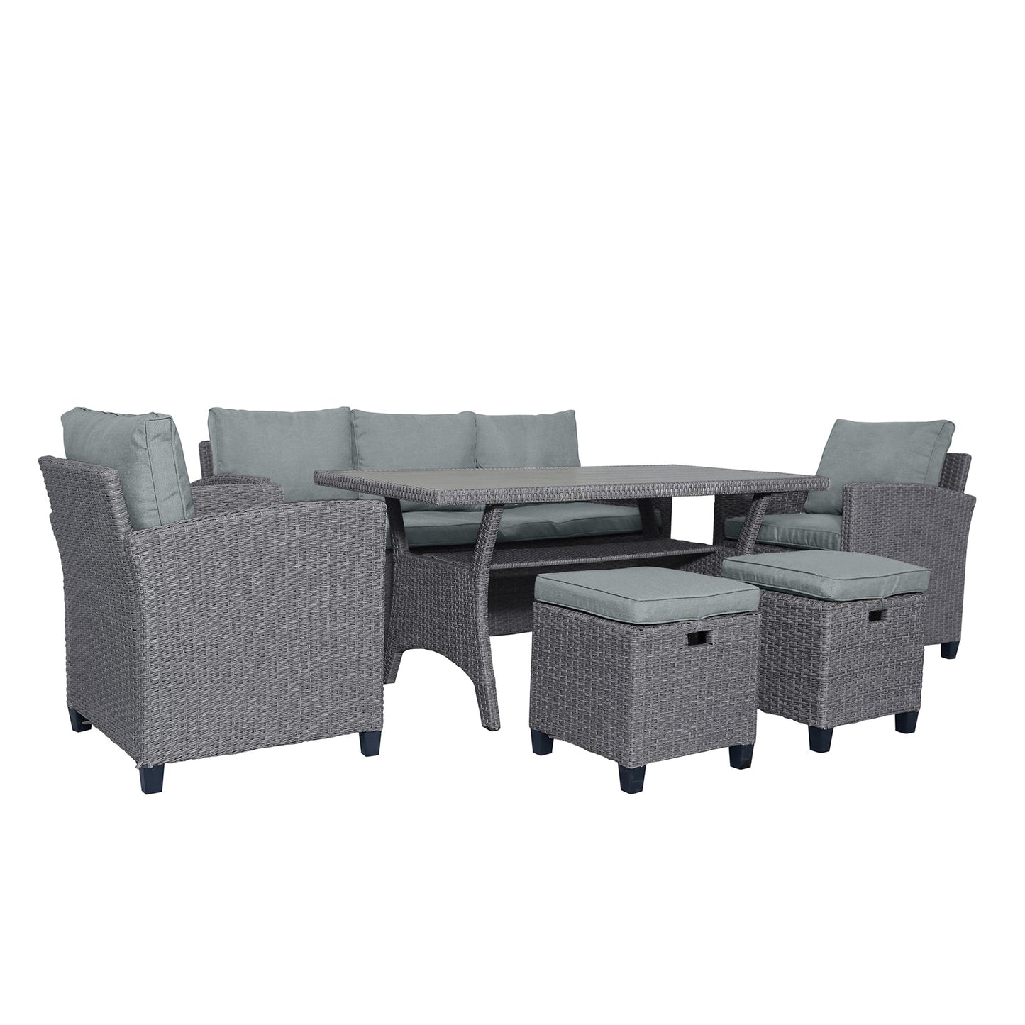 6-piece outdoor rattan wicker set chair, stool, and table (gray rattan+gray mat)