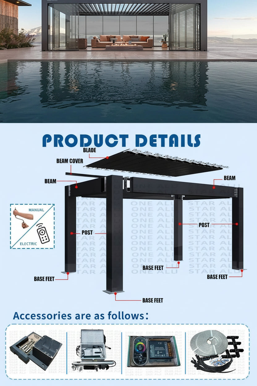 Bioclimatic Aluminum  Pergola 3x4m/10x13ft Manual flip louvered roof with  roller blinds  gazebo canopy carport garden