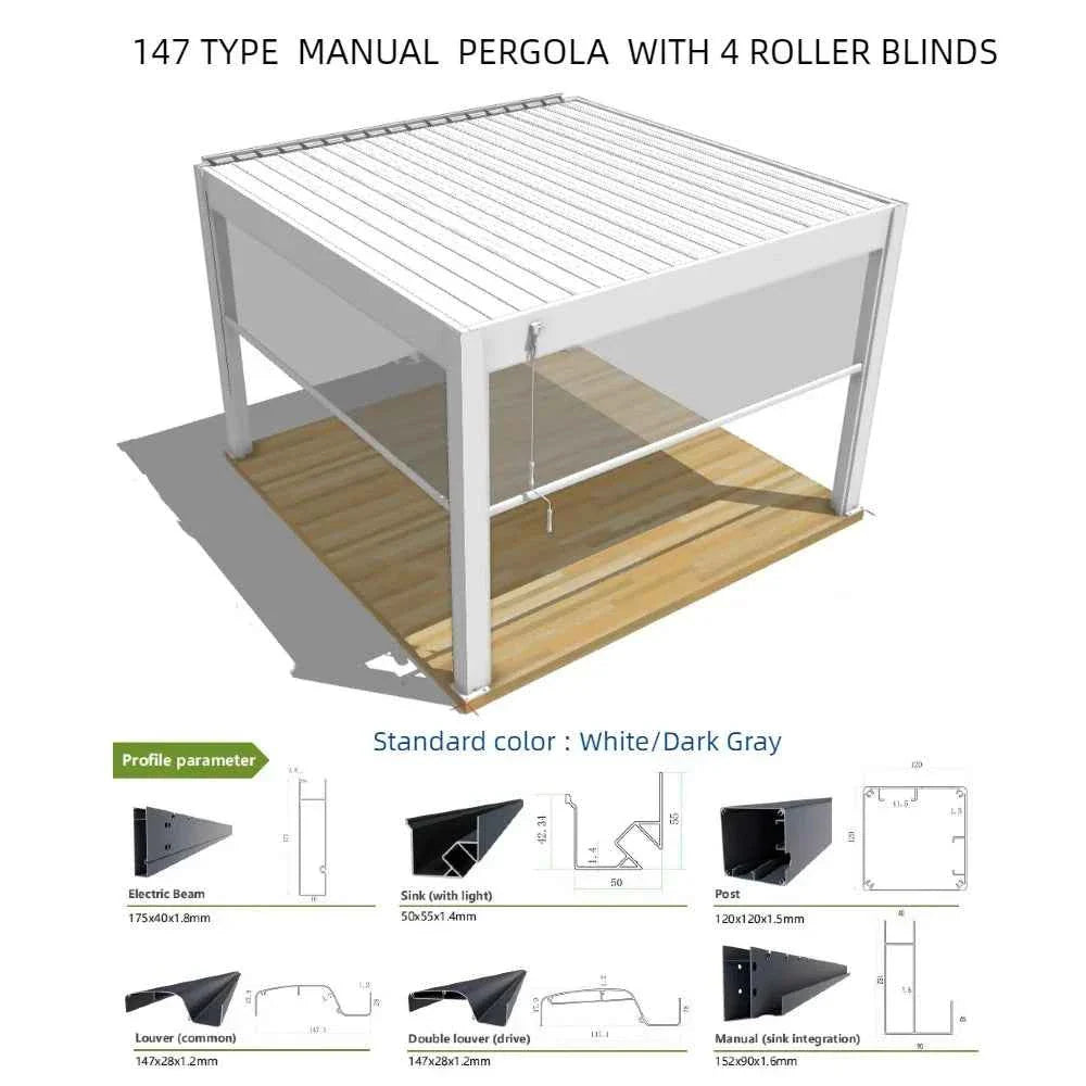 Bioclimatic Aluminum  Pergola 3x4m/10x13ft Manual flip louvered roof with  roller blinds  gazebo canopy carport garden