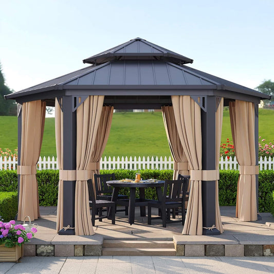 [13X15FT] Alora Double-Tier Hexagonal Metal Hardtop Patio Gazebo With Curtains