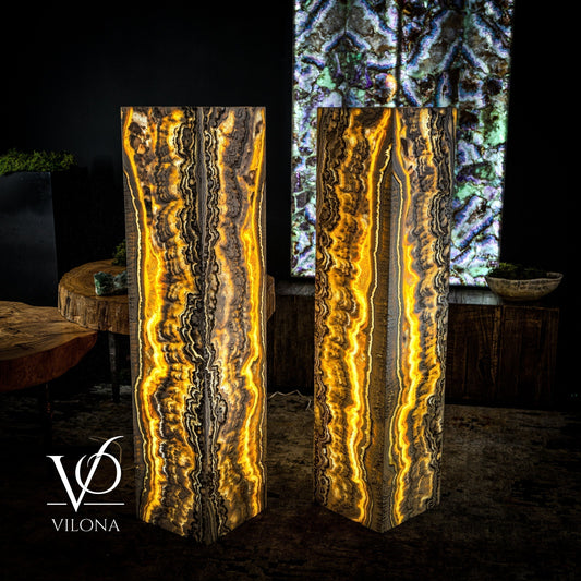 Golden Cloud Onyx Floor Lamp - Exotic - Pair - Medium - 51"H x 12"W - Square - #1