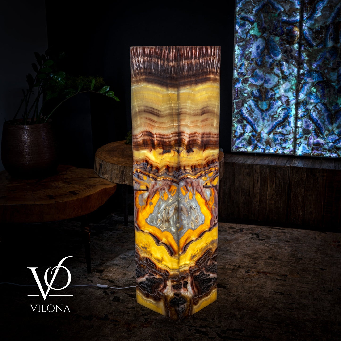 Golden Cloud Onyx Floor Lamp - Exotic Dragon Eye - Medium - 51.25"H x 12"W - Square - #2