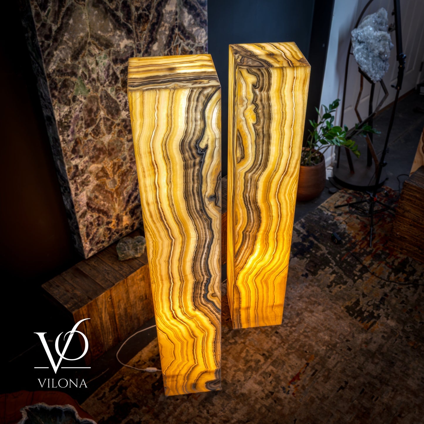 Golden Cloud Onyx Floor Lamp - Pair - Large - 63-67"H x 12-12"W - Square