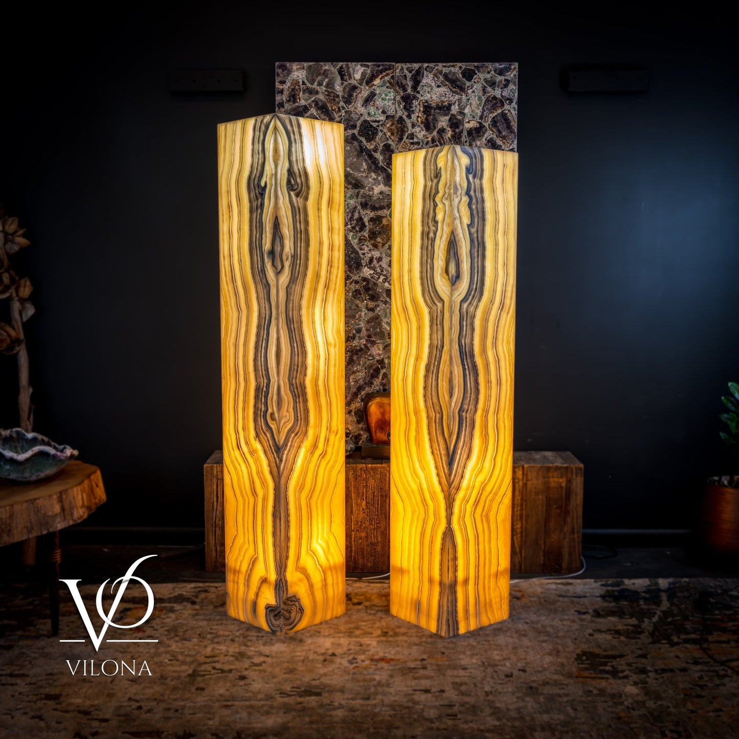 Golden Cloud Onyx Floor Lamp - Pair - Large - 63-67"H x 12-12"W - Square