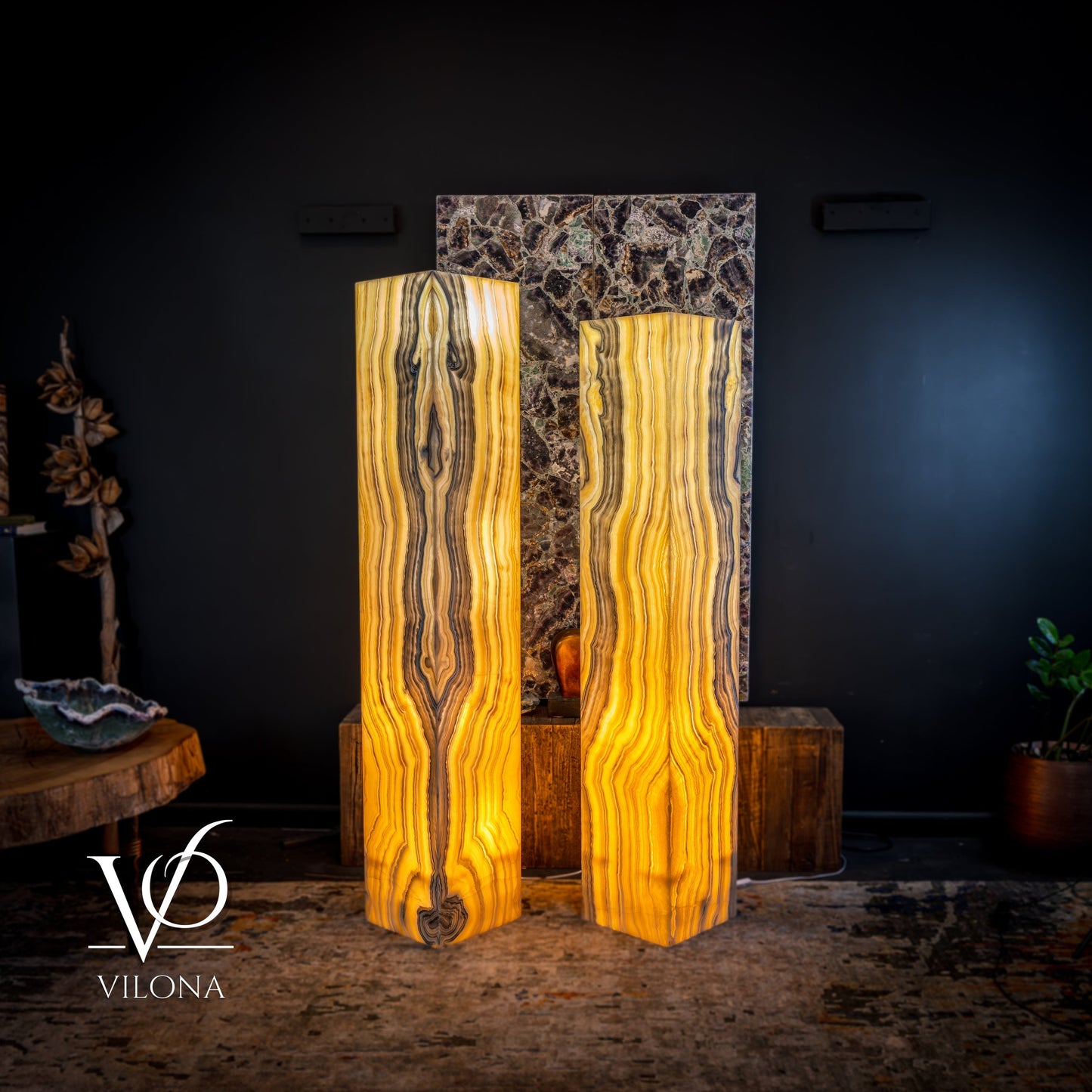 Golden Cloud Onyx Floor Lamp - Pair - Large - 63-67"H x 12-12"W - Square