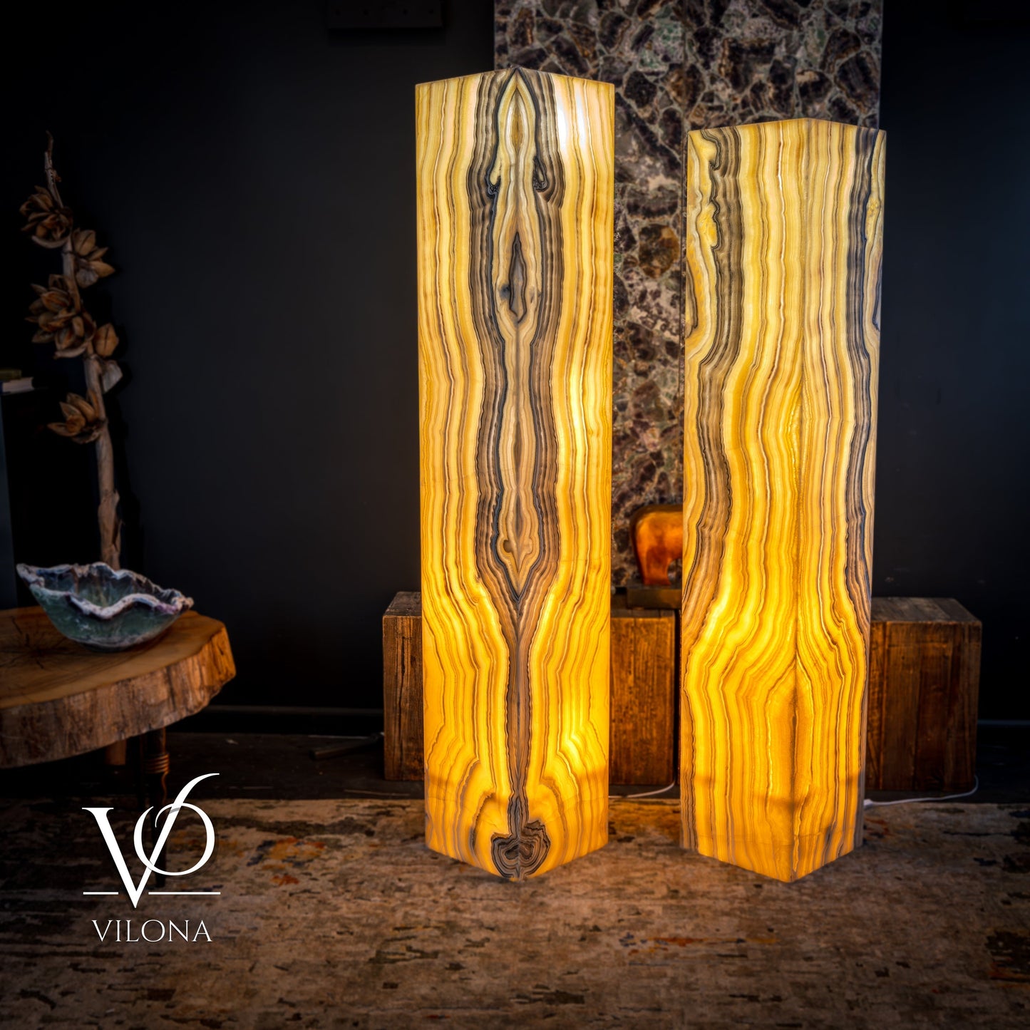 Golden Cloud Onyx Floor Lamp - Pair - Large - 63-67"H x 12-12"W - Square