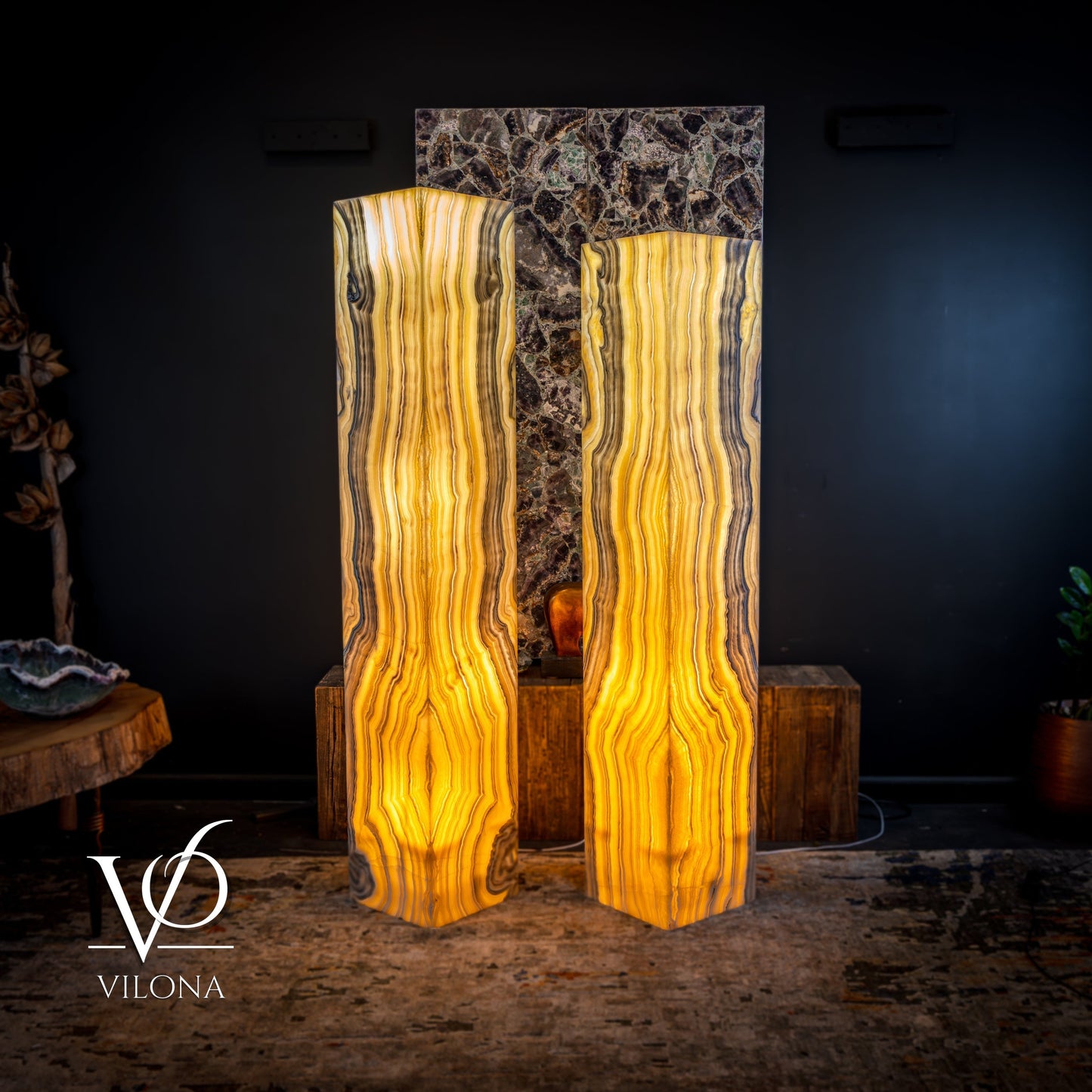 Golden Cloud Onyx Floor Lamp - Pair - Large - 63-67"H x 12-12"W - Square