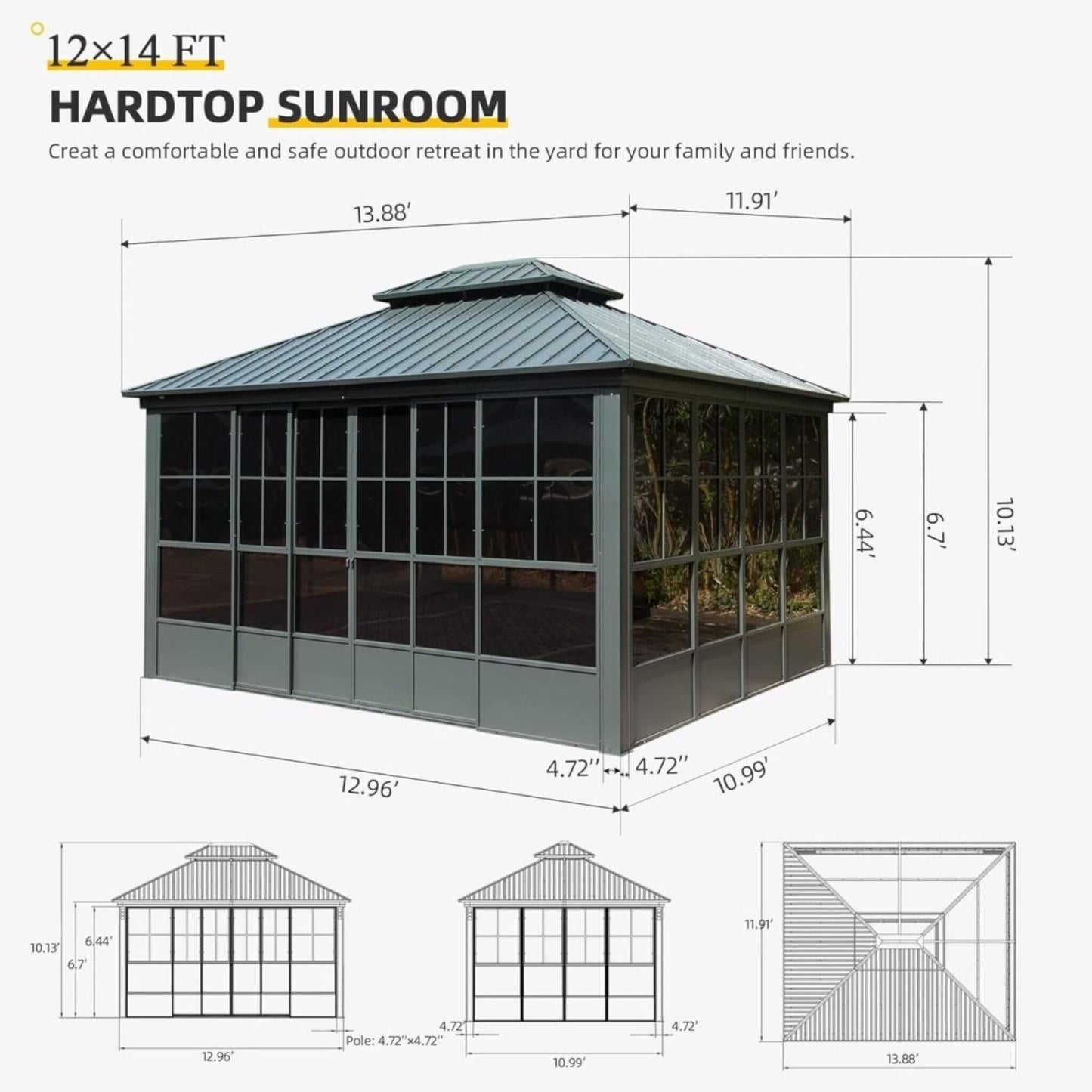[12X14FT] Alora Veranda Large Heavy-Duty All-Season Steel Top Aluminum Double Roof Backyard Sunroom