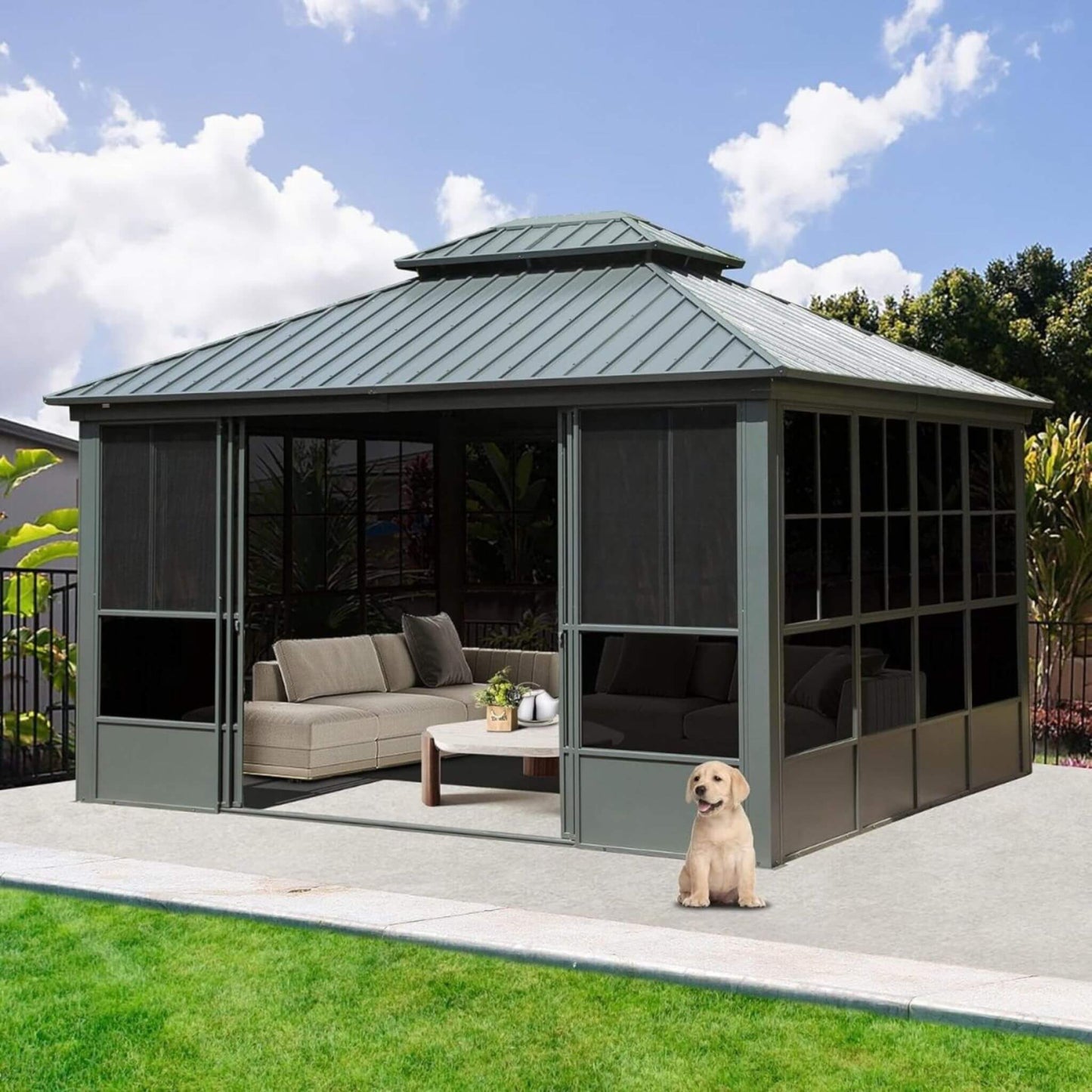 [12X14FT] Alora Veranda Large Heavy-Duty All-Season Steel Top Aluminum Double Roof Backyard Sunroom
