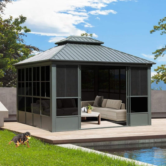 [12X14FT] Alora Veranda Large Heavy-Duty All-Season Steel Top Aluminum Double Roof Backyard Sunroom