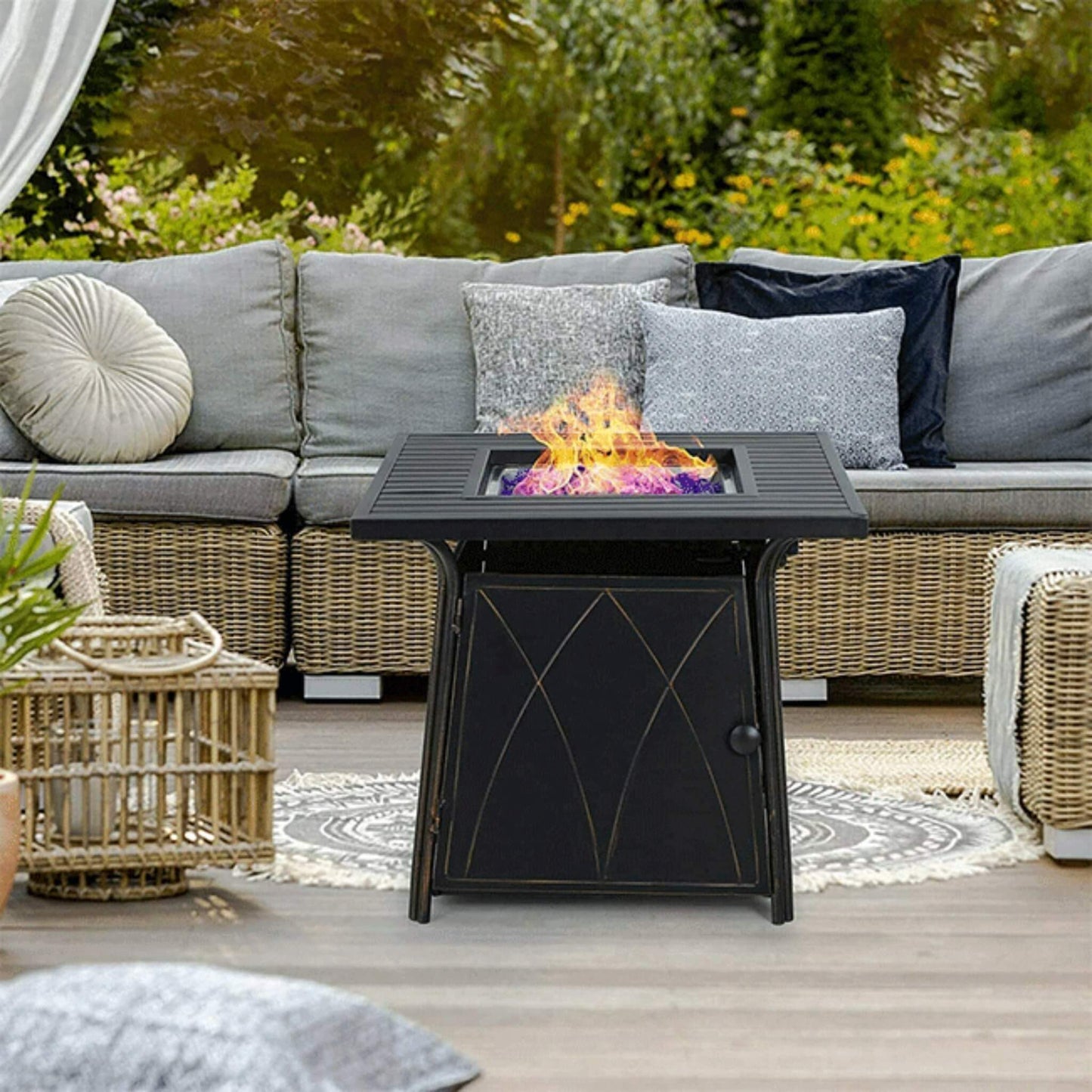 Sophia & William Outdoor Gas Fire Pit Table Set W/ Cushioned Swivel Dining Chairs, 5PCS