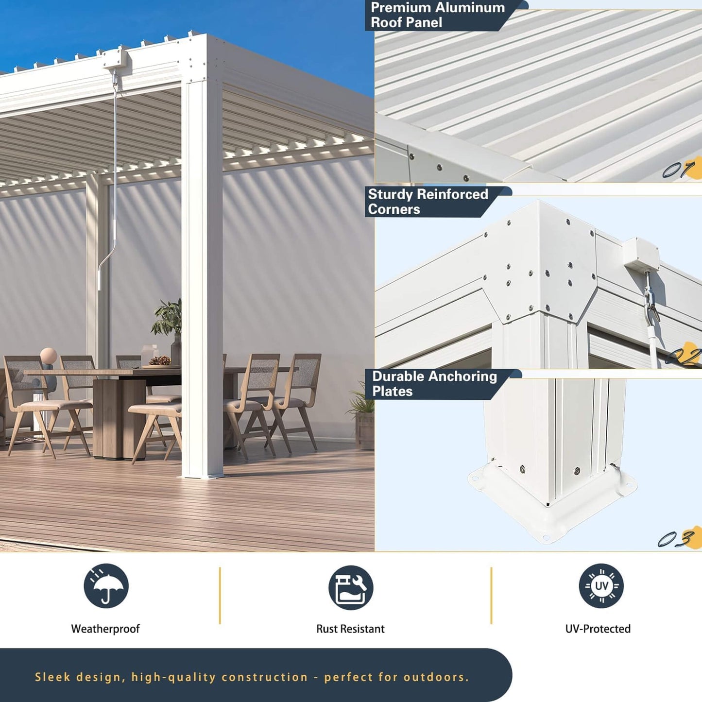 Alora White Louvered Aluminum Pergola With Adjustable Roof And Pull-Down Screens